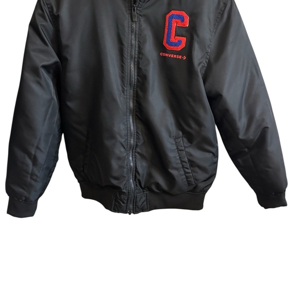Converse C Chenille Bomber Jacket Youth XL Black Red Spellout EUC - Picture 1 of 8